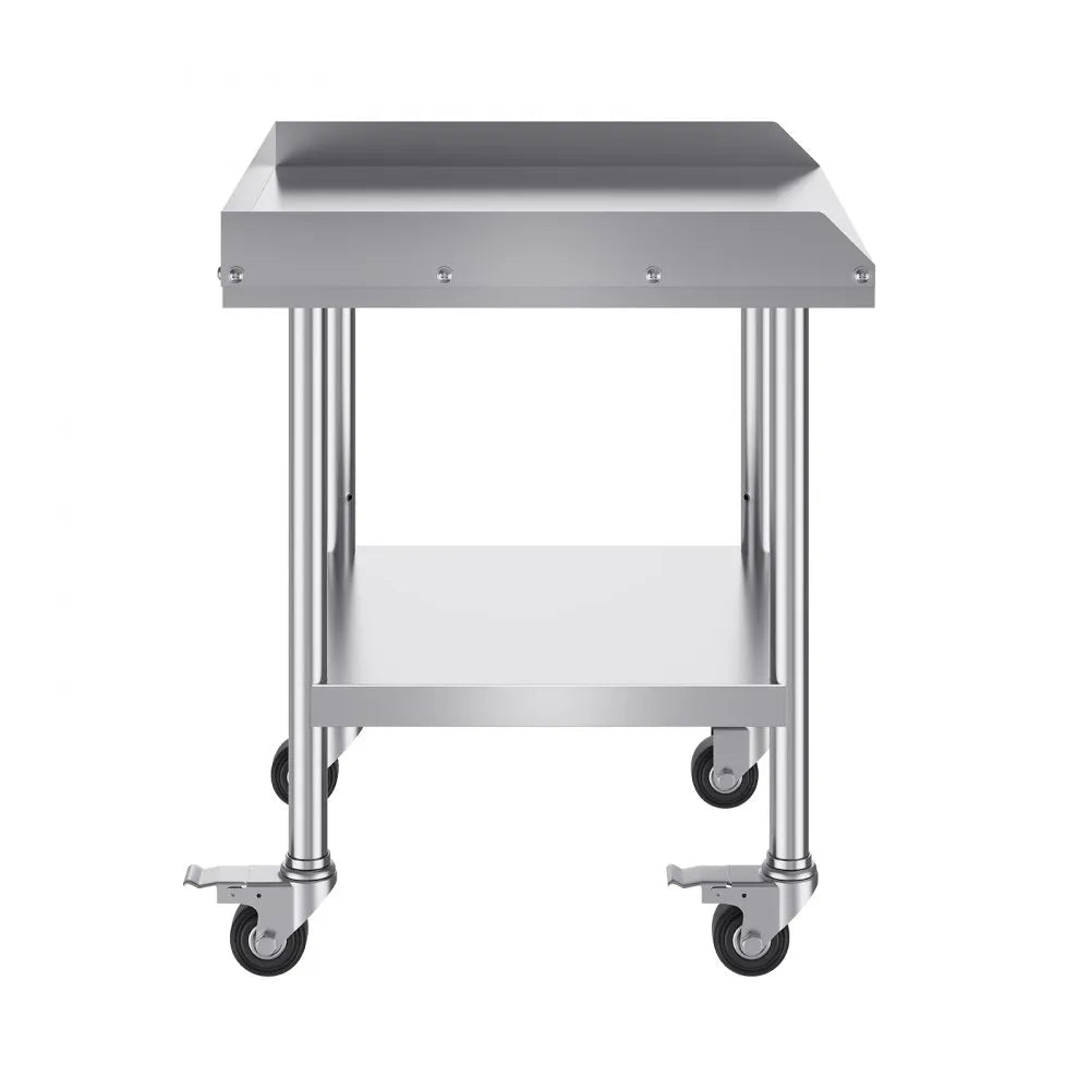 VEVOR Stainless Steel Work Table, 24 x 24 x 30 Inch Commercial Food Prep Worktable with 4 Wheels, Casters, 3-Sided Backsplash Heavy Duty Prep Worktable, Metal Work Table for Restaurant Home Hotel