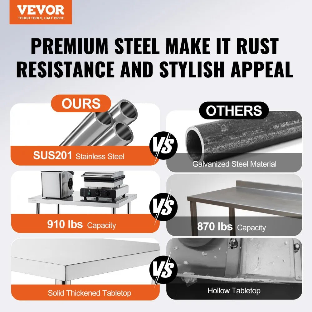 VEVOR Stainless Steel Work Table 30 x 60 x 38 Inch, with 4 Wheels, 3 Adjustable Height Levels, Heavy Duty Food Prep Worktable for Commercial Kitchen Restaurant, Silver