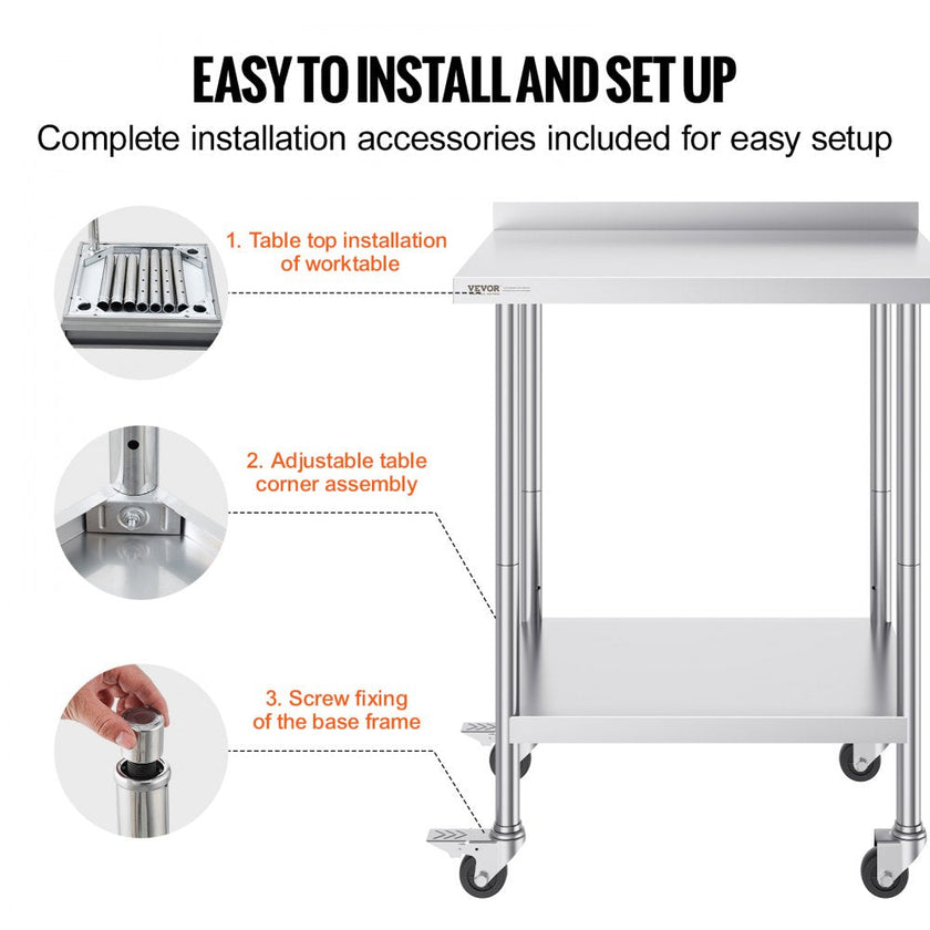VEVOR 24 x 30 x 40 Inch Stainless Steel Work Table, Commercial Food Prep Worktable with Casters, Heavy Duty Prep Worktable, Metal Work Table with Adjustable Height for Restaurant, Home and Hotel