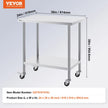 VEVOR Stainless Steel Work Table 24 x 36 x 38 Inch, with 4 Wheels, 3 Adjustable Height Levels, Heavy Duty Food Prep Worktable for Commercial Kitchen Restaurant, Silver
