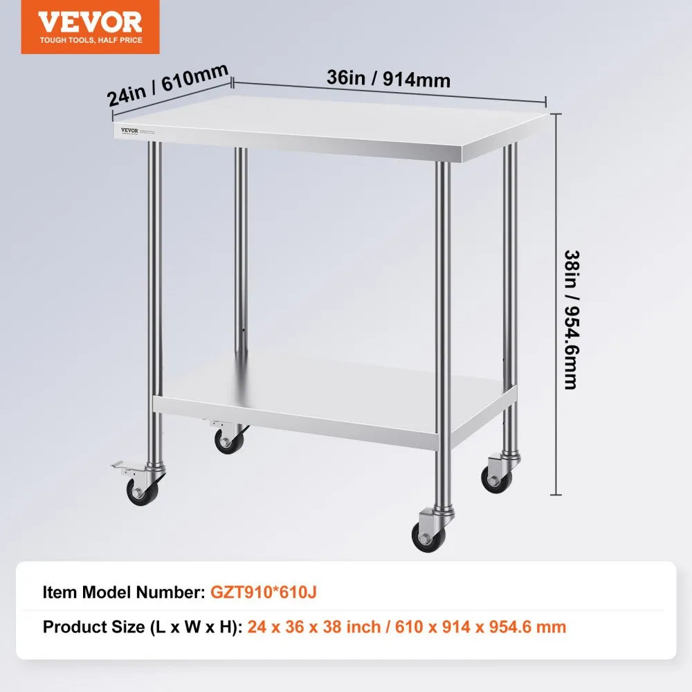 VEVOR Stainless Steel Work Table 24 x 36 x 38 Inch, with 4 Wheels, 3 Adjustable Height Levels, Heavy Duty Food Prep Worktable for Commercial Kitchen Restaurant, Silver