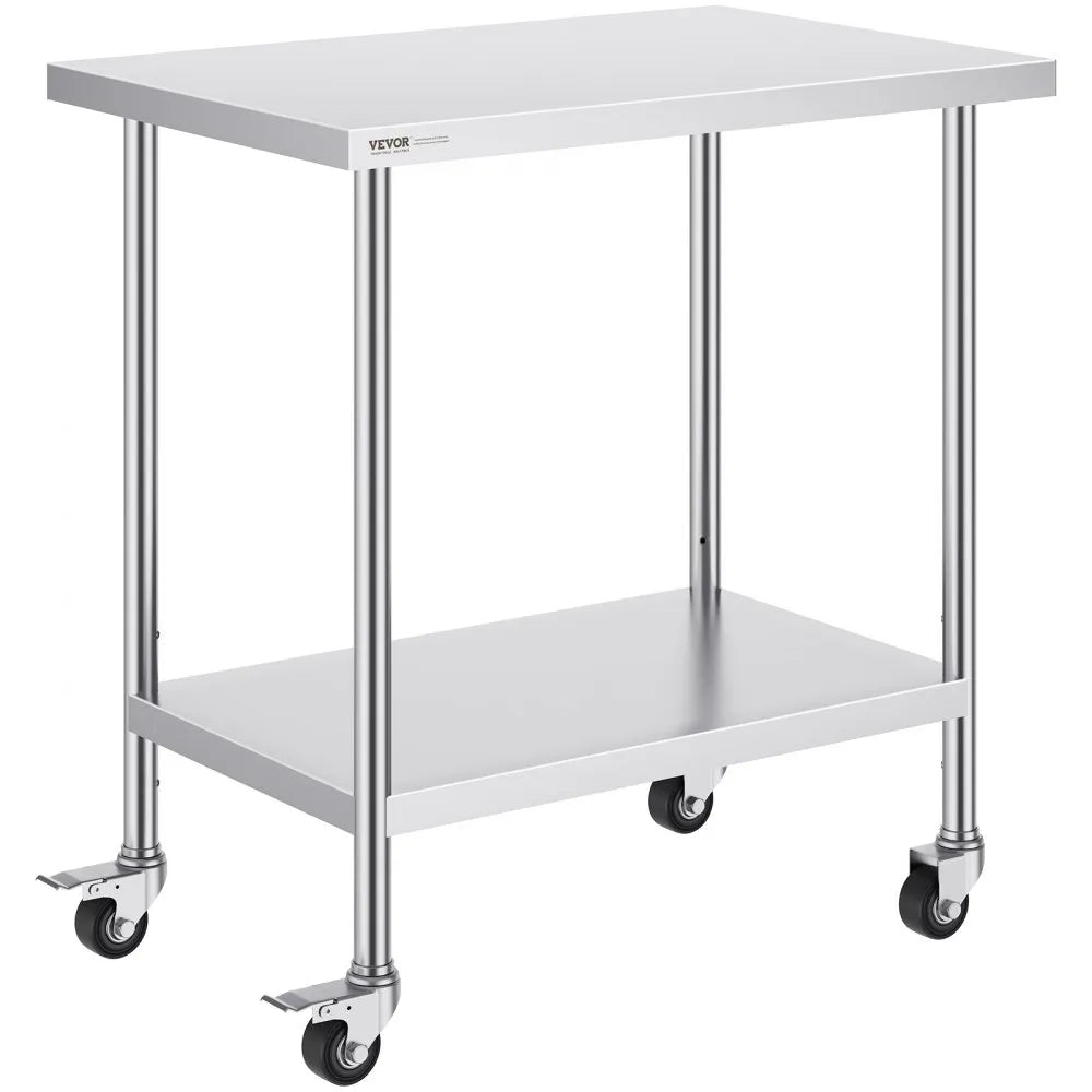 VEVOR Stainless Steel Work Table 24 x 36 x 38 Inch, with 4 Wheels, 3 Adjustable Height Levels, Heavy Duty Food Prep Worktable for Commercial Kitchen Restaurant, Silver
