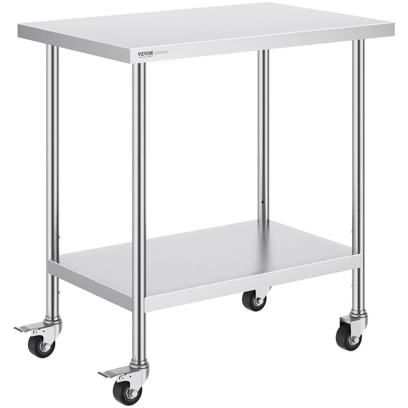 VEVOR Stainless Steel Work Table 24 x 36 x 38 Inch, with 4 Wheels, 3 Adjustable Height Levels, Heavy Duty Food Prep Worktable for Commercial Kitchen Restaurant, Silver