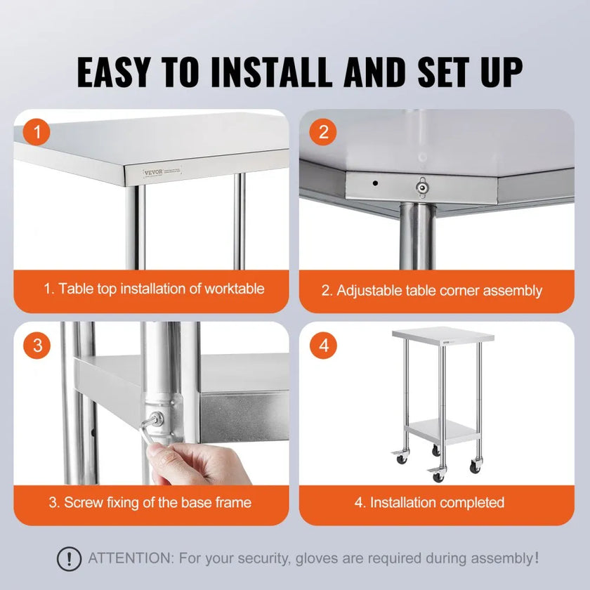 VEVOR Stainless Steel Work Table 24 x 18 x 38 Inch, with 4 Wheels, 3 Adjustable Height Levels, Heavy Duty Food Prep Worktable for Commercial Kitchen Restaurant, Silver