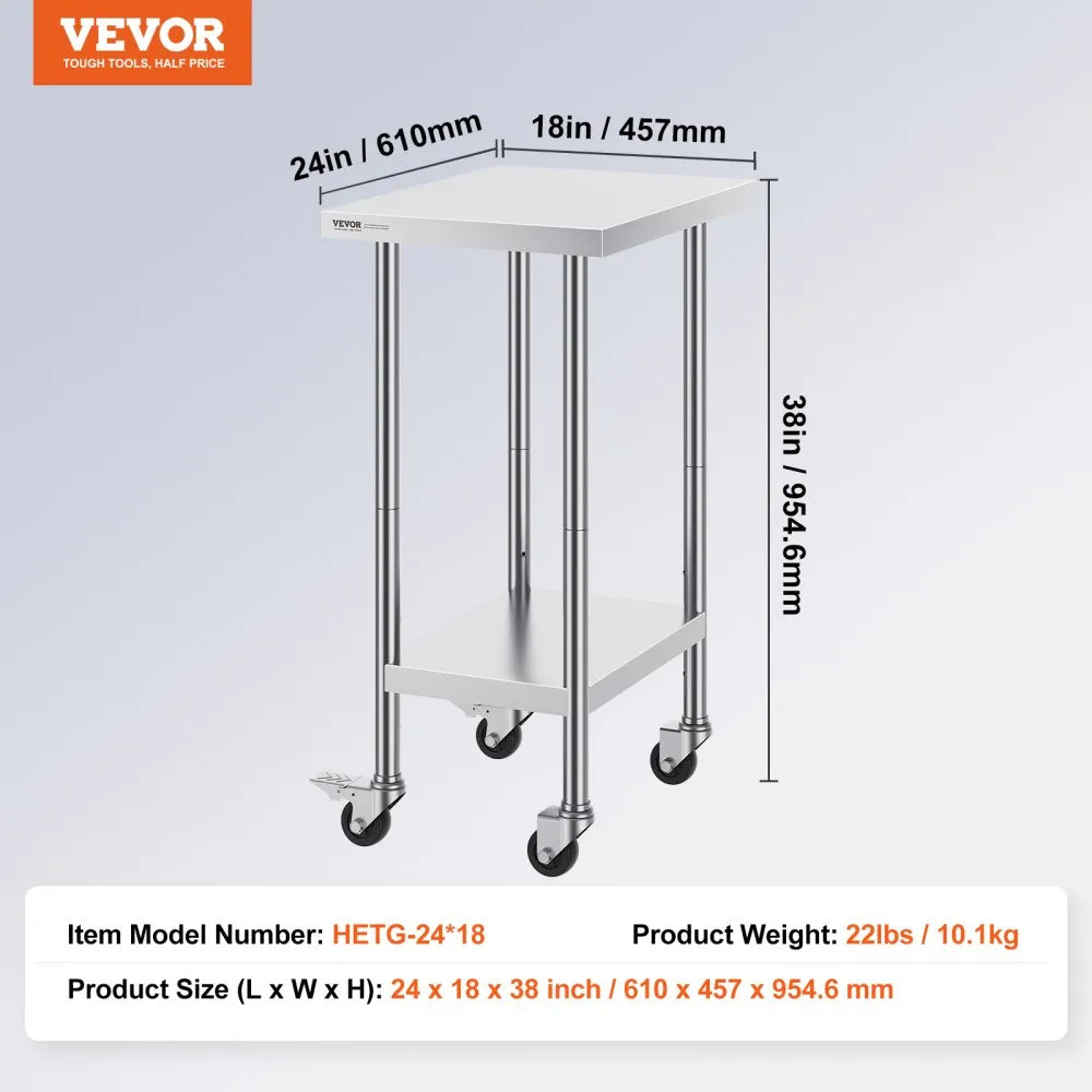 VEVOR Stainless Steel Work Table 24 x 18 x 38 Inch, with 4 Wheels, 3 Adjustable Height Levels, Heavy Duty Food Prep Worktable for Commercial Kitchen Restaurant, Silver