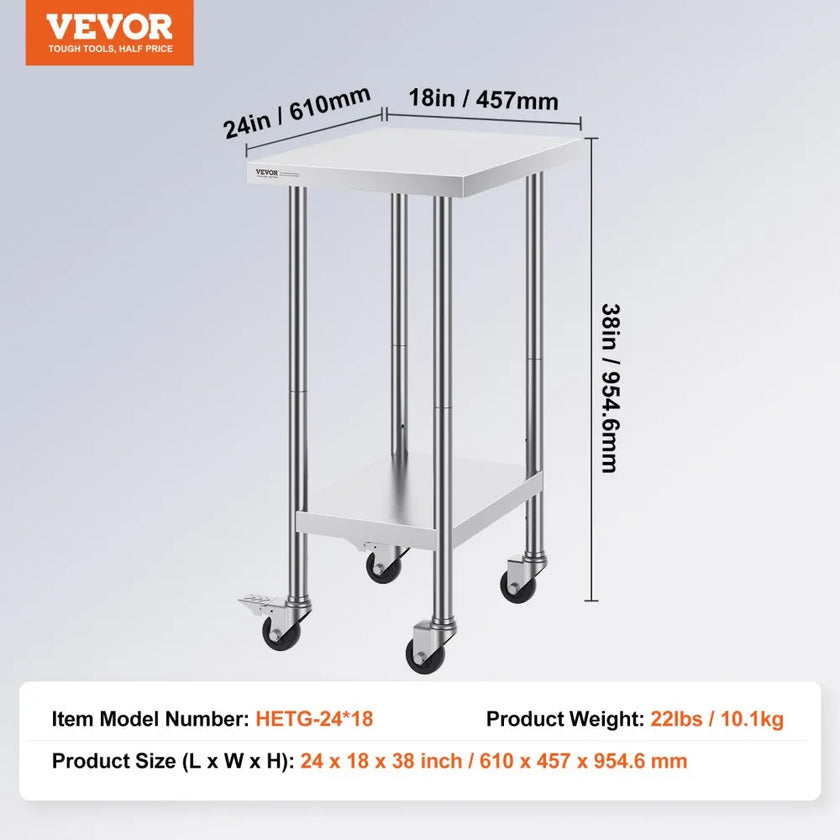 VEVOR Stainless Steel Work Table 24 x 18 x 38 Inch, with 4 Wheels, 3 Adjustable Height Levels, Heavy Duty Food Prep Worktable for Commercial Kitchen Restaurant, Silver