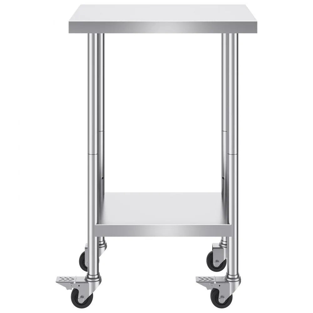 VEVOR Stainless Steel Work Table 24 x 18 x 38 Inch, with 4 Wheels, 3 Adjustable Height Levels, Heavy Duty Food Prep Worktable for Commercial Kitchen Restaurant, Silver