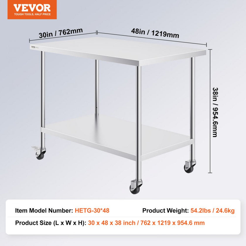 VEVOR Stainless Steel Work Table 30 x 48 x 38 Inch, with 4 Wheels, 3 Adjustable Height Levels, Heavy Duty Food Prep Worktable for Commercial Kitchen Restaurant, Silver
