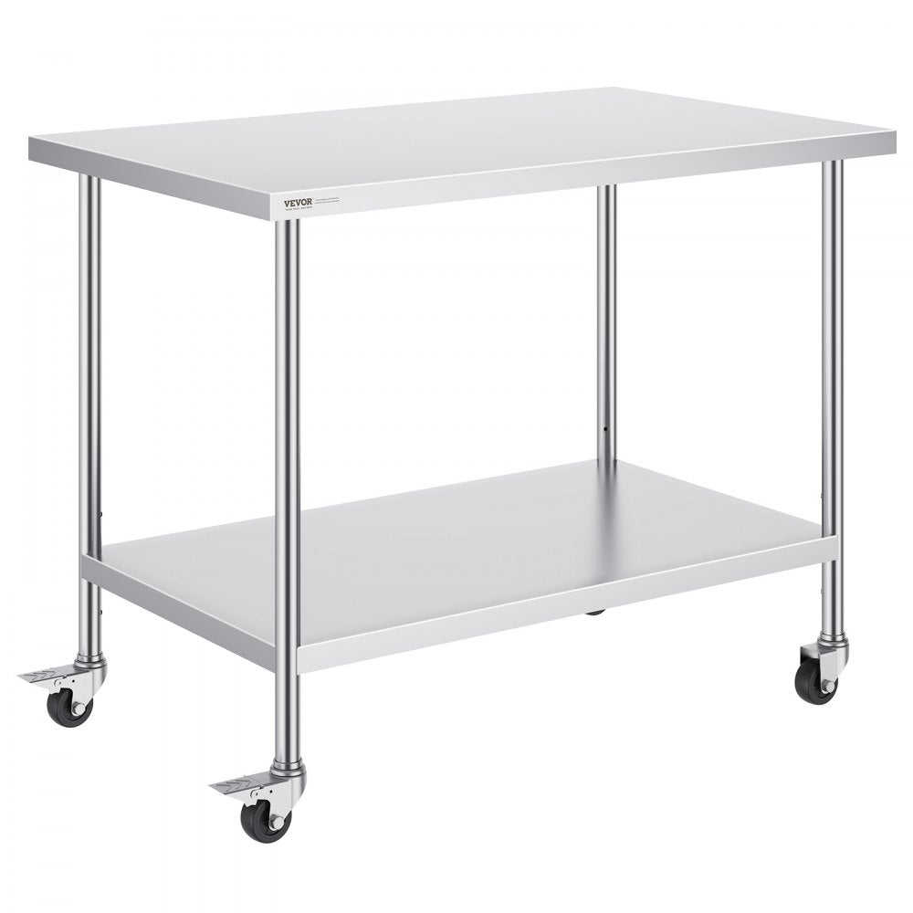 VEVOR Stainless Steel Work Table 30 x 48 x 38 Inch, with 4 Wheels, 3 Adjustable Height Levels, Heavy Duty Food Prep Worktable for Commercial Kitchen Restaurant, Silver