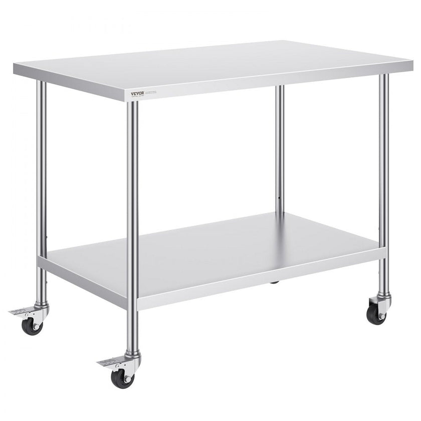 VEVOR Stainless Steel Work Table 30 x 48 x 38 Inch, with 4 Wheels, 3 Adjustable Height Levels, Heavy Duty Food Prep Worktable for Commercial Kitchen Restaurant, Silver