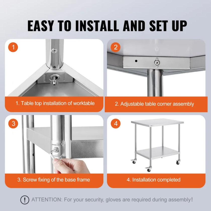 VEVOR Stainless Steel Work Table 30 x 18 x 38 Inch, with 4 Wheels, 3 Adjustable Height Levels, Heavy Duty Food Prep Worktable for Commercial Kitchen Restaurant, Silver