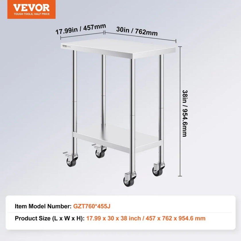 VEVOR Stainless Steel Work Table 30 x 18 x 38 Inch, with 4 Wheels, 3 Adjustable Height Levels, Heavy Duty Food Prep Worktable for Commercial Kitchen Restaurant, Silver