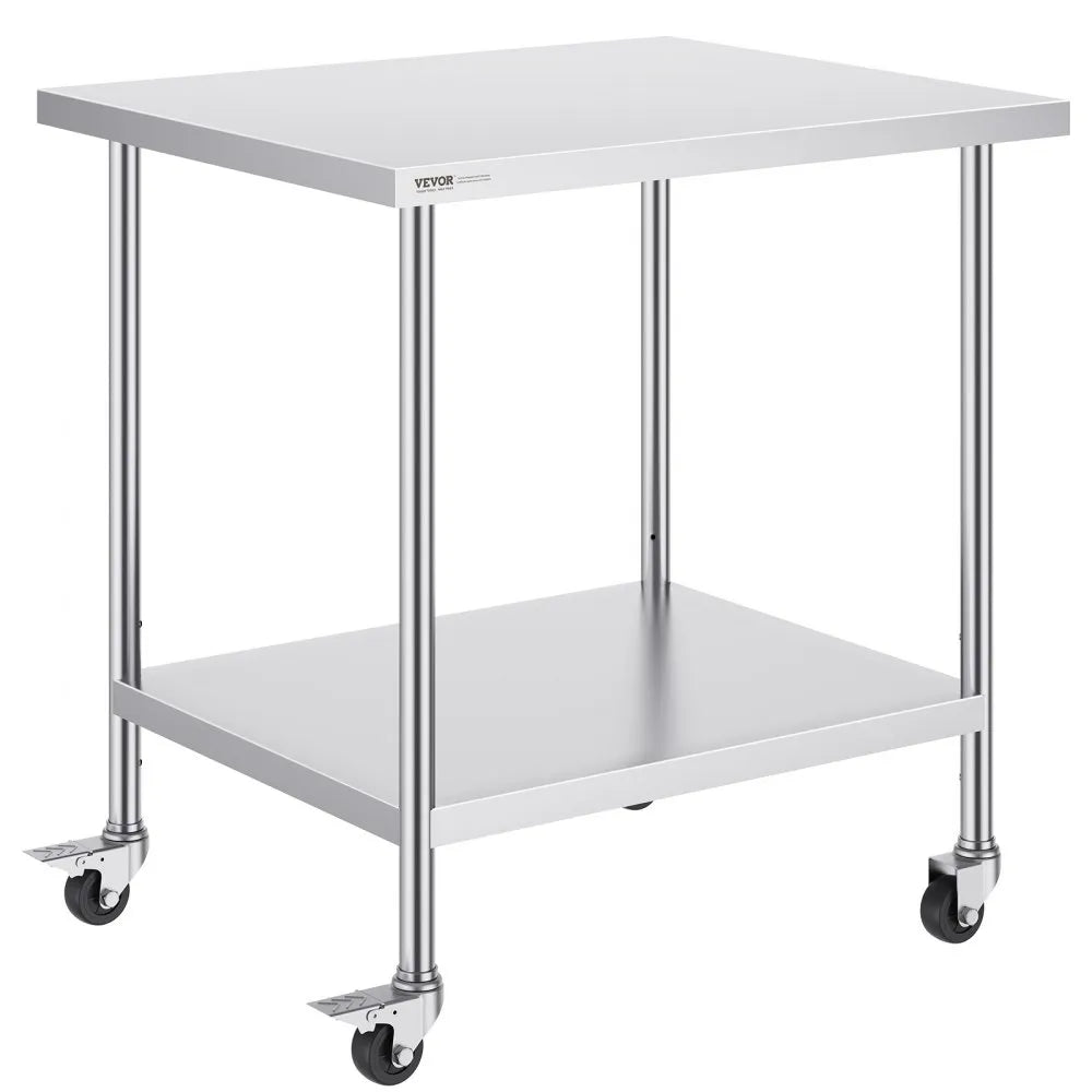 VEVOR Stainless Steel Work Table 30 x 18 x 38 Inch, with 4 Wheels, 3 Adjustable Height Levels, Heavy Duty Food Prep Worktable for Commercial Kitchen Restaurant, Silver