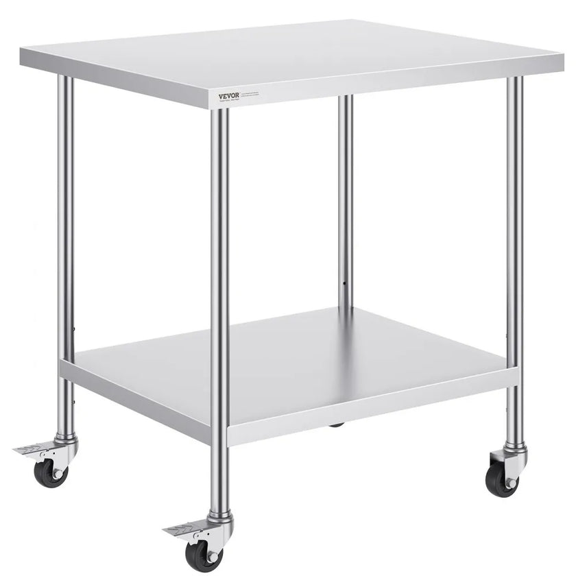 VEVOR Stainless Steel Work Table 30 x 18 x 38 Inch, with 4 Wheels, 3 Adjustable Height Levels, Heavy Duty Food Prep Worktable for Commercial Kitchen Restaurant, Silver