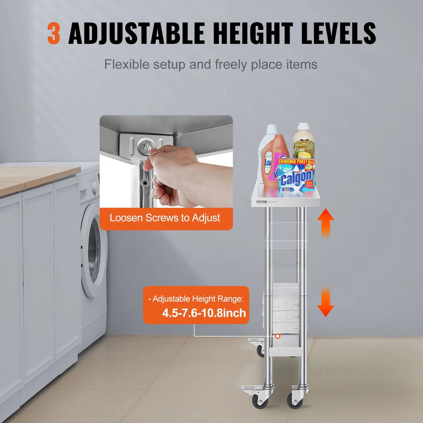 VEVOR Stainless Steel Work Table 30 x 12 x 38 Inch, with 4 Wheels, 3 Adjustable Height Levels, Heavy Duty Food Prep Worktable for Commercial Kitchen Restaurant, Silver