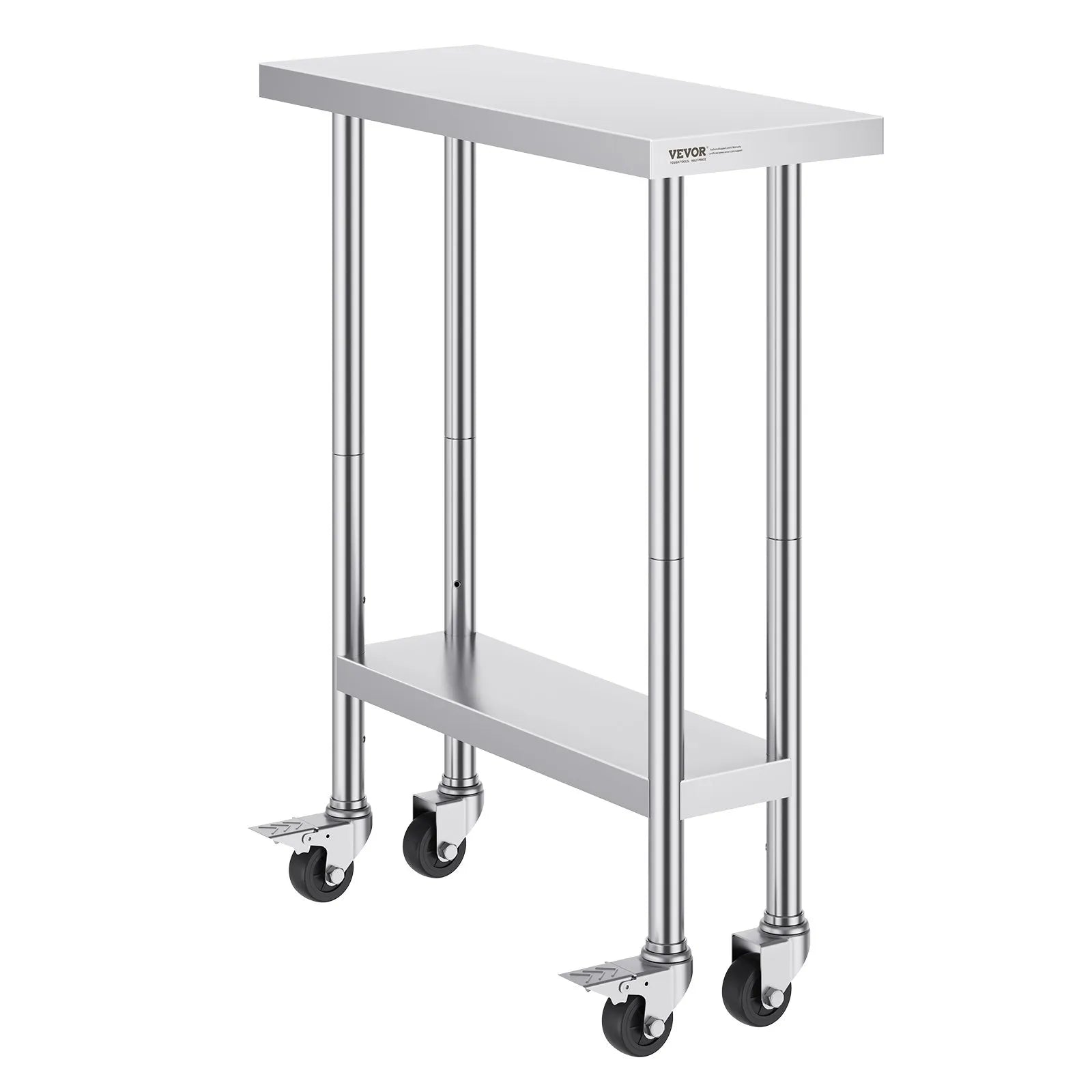 VEVOR Stainless Steel Work Table 30 x 12 x 38 Inch, with 4 Wheels, 3 Adjustable Height Levels, Heavy Duty Food Prep Worktable for Commercial Kitchen Restaurant, Silver