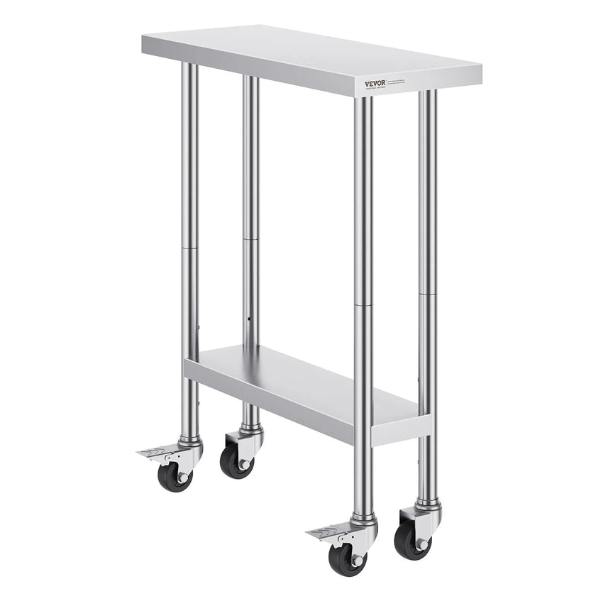 VEVOR Stainless Steel Work Table 30 x 12 x 38 Inch, with 4 Wheels, 3 Adjustable Height Levels, Heavy Duty Food Prep Worktable for Commercial Kitchen Restaurant, Silver