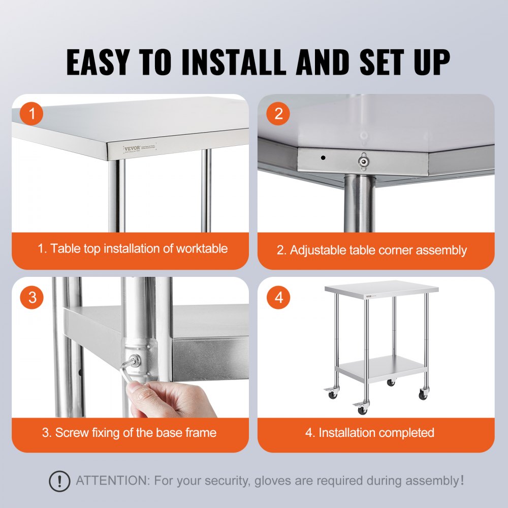 VEVOR Stainless Steel Work Table 24 x 30 x 38 Inch, with 4 Wheels, 3 Adjustable Height Levels, Heavy Duty Food Prep Worktable for Commercial Kitchen Restaurant, Silver