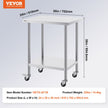 VEVOR Stainless Steel Work Table 24 x 30 x 38 Inch, with 4 Wheels, 3 Adjustable Height Levels, Heavy Duty Food Prep Worktable for Commercial Kitchen Restaurant, Silver
