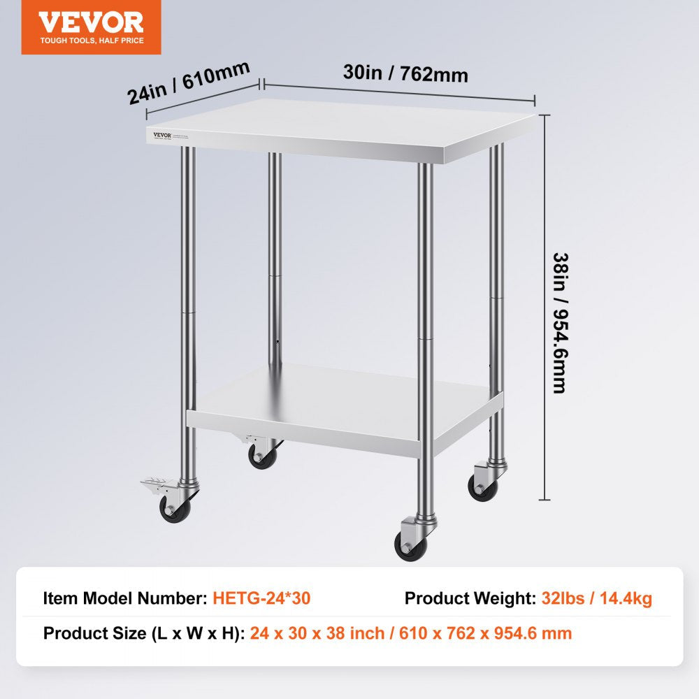 VEVOR Stainless Steel Work Table 24 x 30 x 38 Inch, with 4 Wheels, 3 Adjustable Height Levels, Heavy Duty Food Prep Worktable for Commercial Kitchen Restaurant, Silver