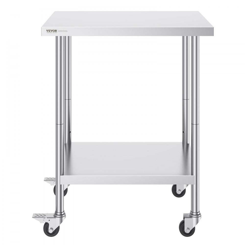 VEVOR Stainless Steel Work Table 24 x 30 x 38 Inch, with 4 Wheels, 3 Adjustable Height Levels, Heavy Duty Food Prep Worktable for Commercial Kitchen Restaurant, Silver