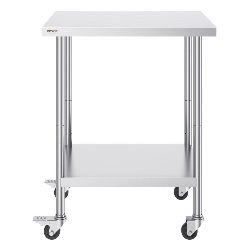 VEVOR Stainless Steel Work Table 24 x 30 x 38 Inch, with 4 Wheels, 3 Adjustable Height Levels, Heavy Duty Food Prep Worktable for Commercial Kitchen Restaurant, Silver