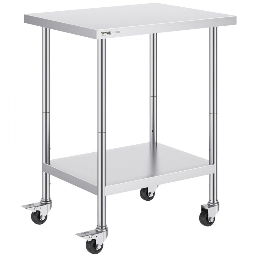 VEVOR Stainless Steel Work Table 24 x 30 x 38 Inch, with 4 Wheels, 3 Adjustable Height Levels, Heavy Duty Food Prep Worktable for Commercial Kitchen Restaurant, Silver