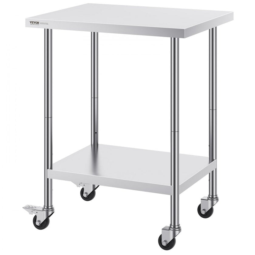 VEVOR Stainless Steel Work Table 24 x 30 x 38 Inch, with 4 Wheels, 3 Adjustable Height Levels, Heavy Duty Food Prep Worktable for Commercial Kitchen Restaurant, Silver