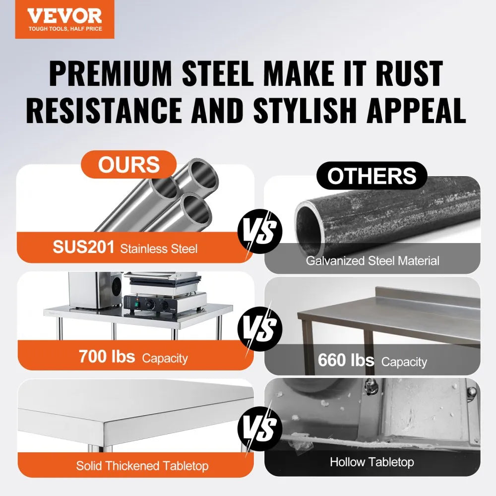 VEVOR Stainless Steel Work Table 24 x 24 x 38 Inch, with 4 Wheels, 3 Adjustable Height Levels, Heavy Duty Food Prep Worktable for Commercial Kitchen Restaurant, Silver