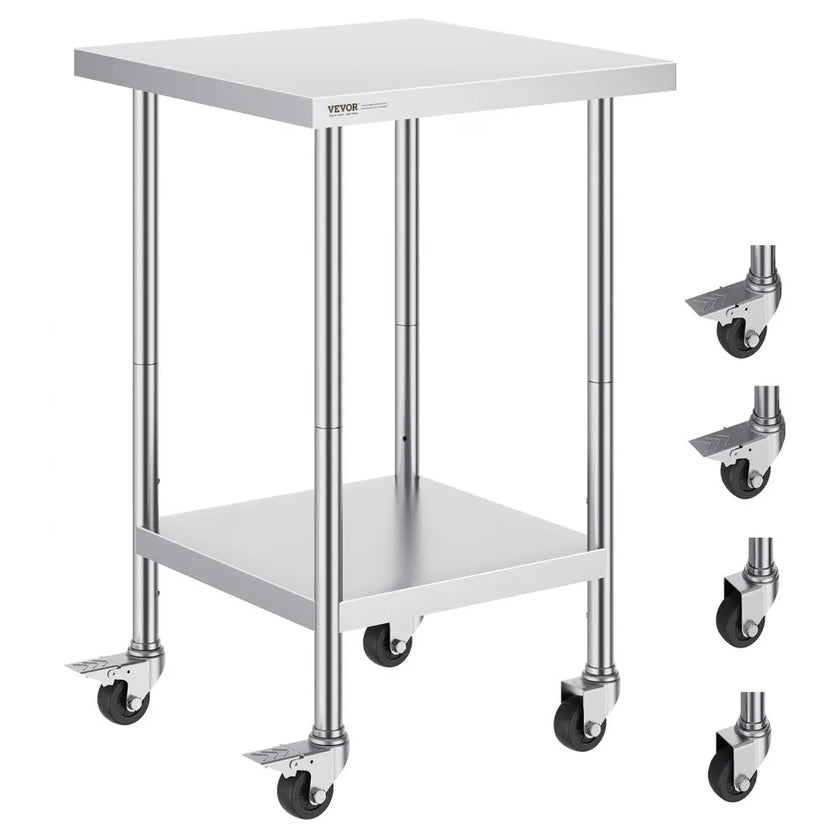 VEVOR Stainless Steel Work Table 24 x 24 x 38 Inch, with 4 Wheels, 3 Adjustable Height Levels, Heavy Duty Food Prep Worktable for Commercial Kitchen Restaurant, Silver