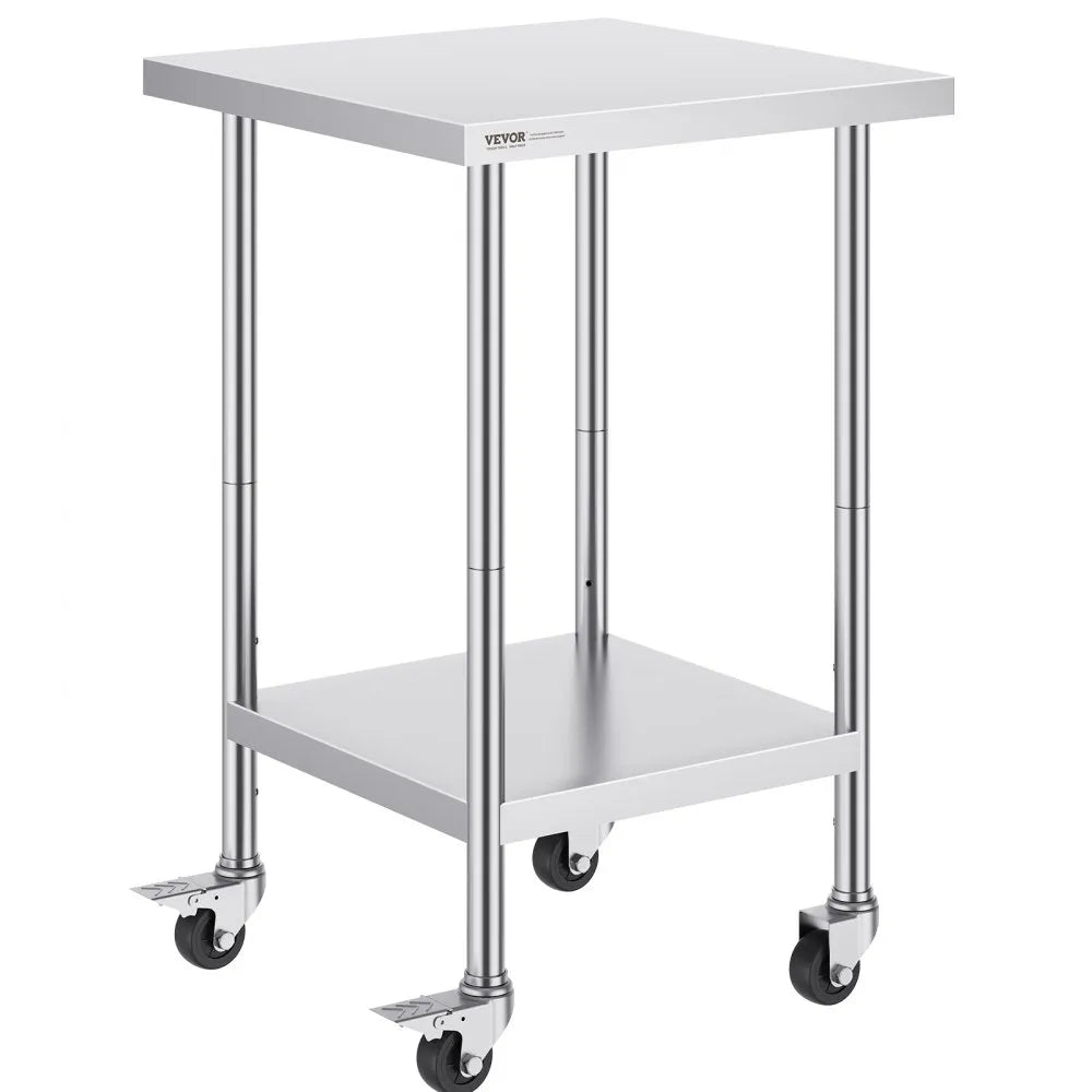 VEVOR Stainless Steel Work Table 24 x 24 x 38 Inch, with 4 Wheels, 3 Adjustable Height Levels, Heavy Duty Food Prep Worktable for Commercial Kitchen Restaurant, Silver