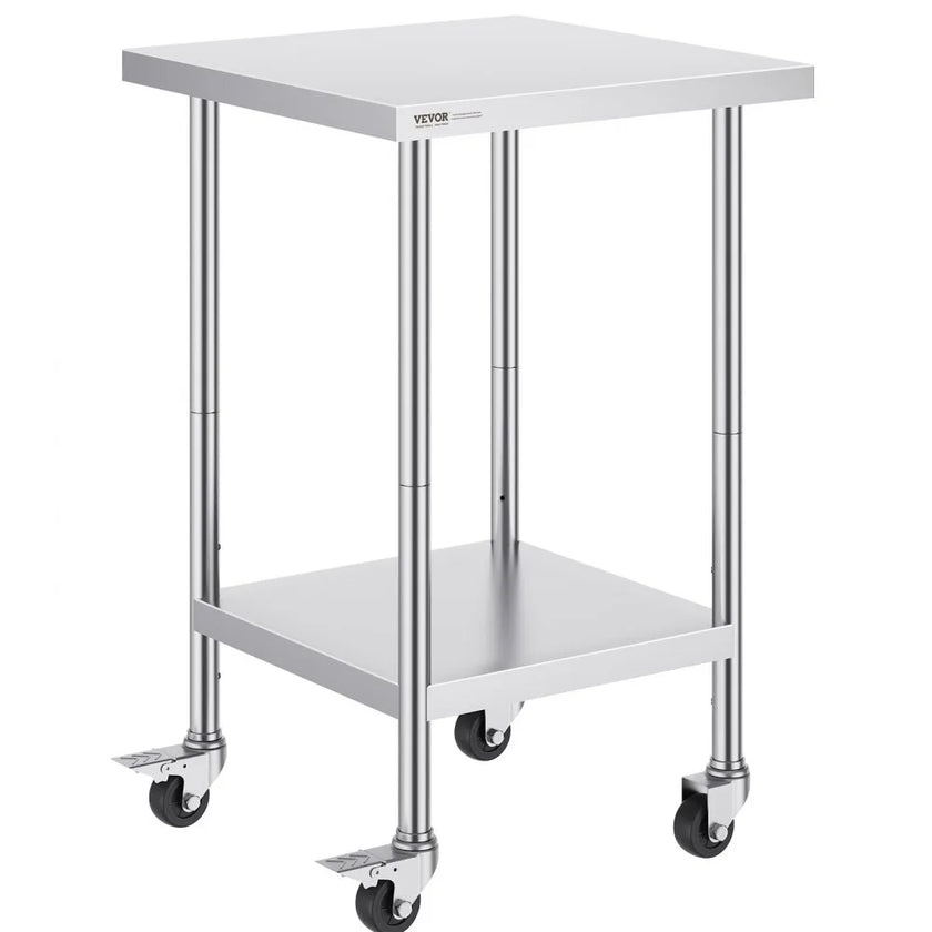 VEVOR Stainless Steel Work Table 24 x 24 x 38 Inch, with 4 Wheels, 3 Adjustable Height Levels, Heavy Duty Food Prep Worktable for Commercial Kitchen Restaurant, Silver