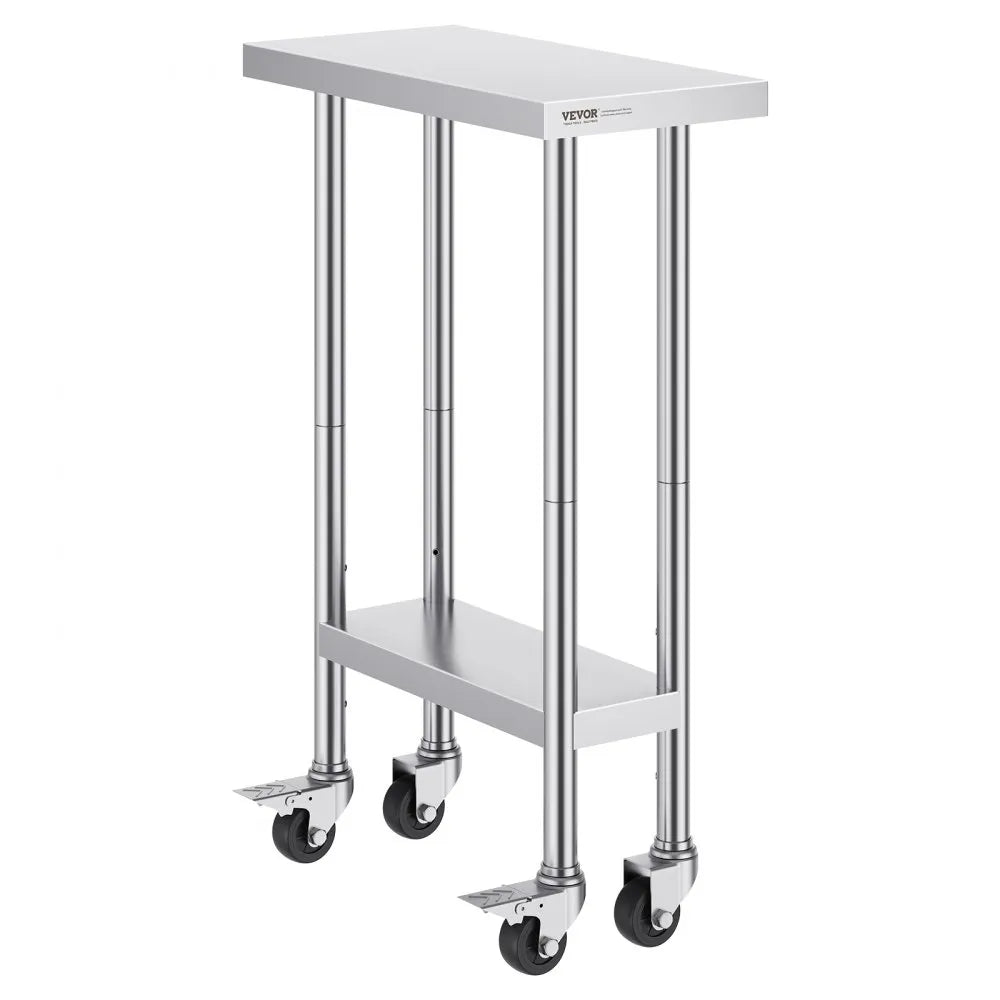 VEVOR Stainless Steel Work Table 24 x 12 x 38 Inch, with 4 Wheels, 3 Adjustable Height Levels, Heavy Duty Food Prep Worktable for Commercial Kitchen Restaurant, Silver