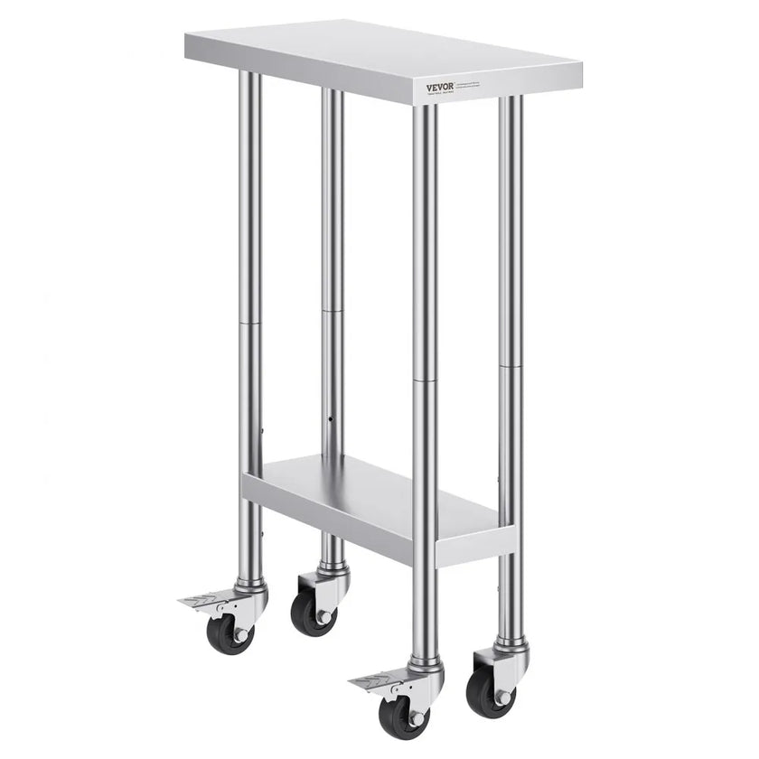 VEVOR Stainless Steel Work Table 24 x 12 x 38 Inch, with 4 Wheels, 3 Adjustable Height Levels, Heavy Duty Food Prep Worktable for Commercial Kitchen Restaurant, Silver