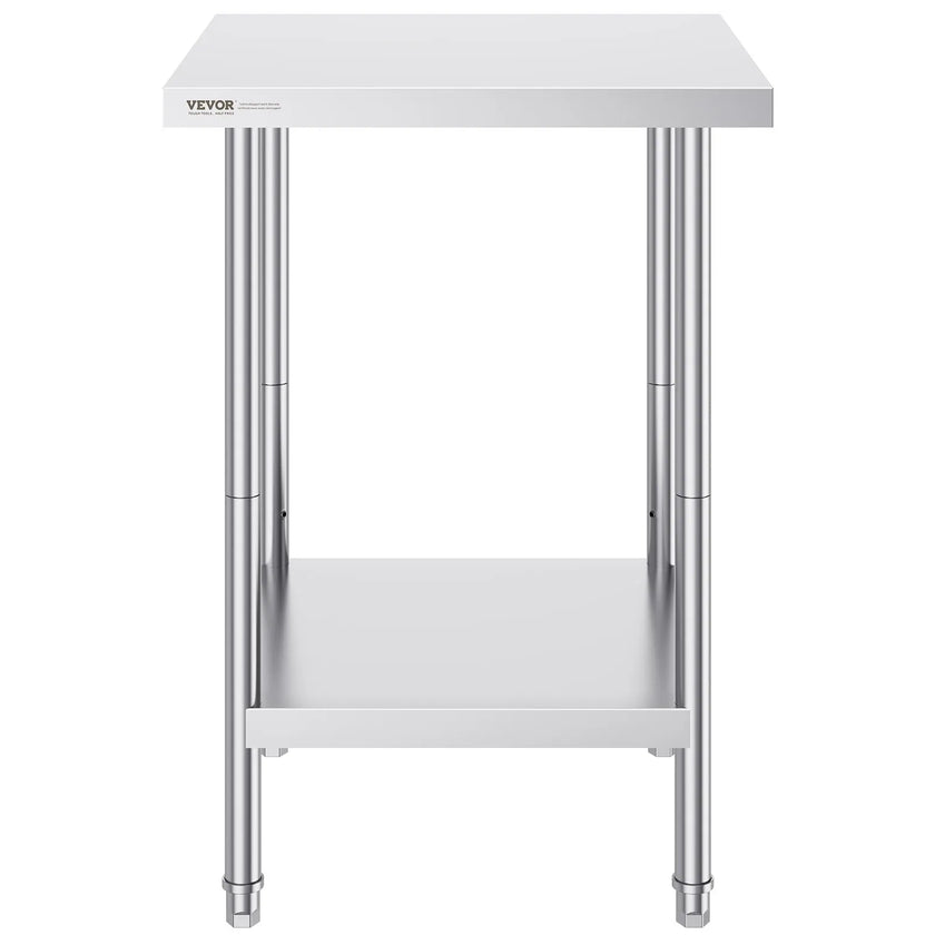 VEVOR Stainless Steel Prep Table, 24 x 24 x 34 Inch, 700 lbs Load Capacity, Heavy Duty Metal Worktable with 3 Adjustable Height Levels, Commercial Workstation for Kitchen Garage Restaurant Backyard