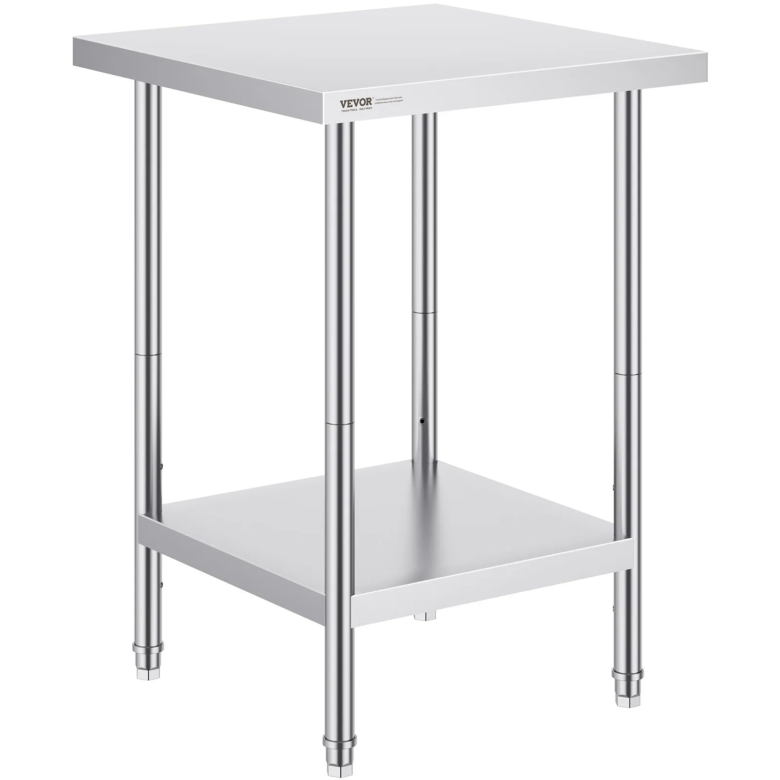 VEVOR Stainless Steel Prep Table, 24 x 24 x 34 Inch, 700 lbs Load Capacity, Heavy Duty Metal Worktable with 3 Adjustable Height Levels, Commercial Workstation for Kitchen Garage Restaurant Backyard