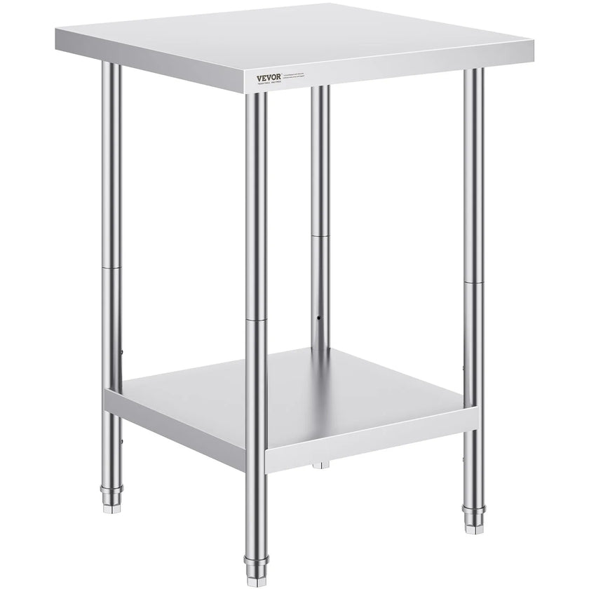 VEVOR Stainless Steel Prep Table, 24 x 24 x 34 Inch, 700 lbs Load Capacity, Heavy Duty Metal Worktable with 3 Adjustable Height Levels, Commercial Workstation for Kitchen Garage Restaurant Backyard
