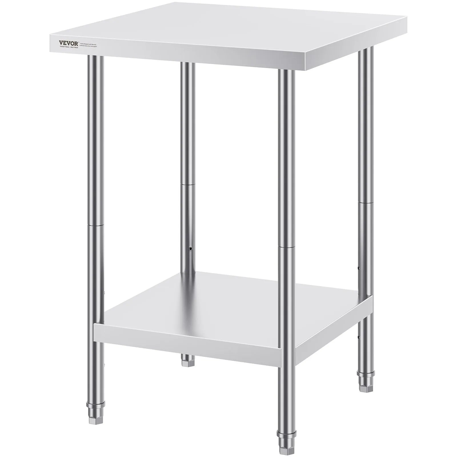 VEVOR Stainless Steel Prep Table, 24 x 24 x 34 Inch, 700 lbs Load Capacity, Heavy Duty Metal Worktable with 3 Adjustable Height Levels, Commercial Workstation for Kitchen Garage Restaurant Backyard