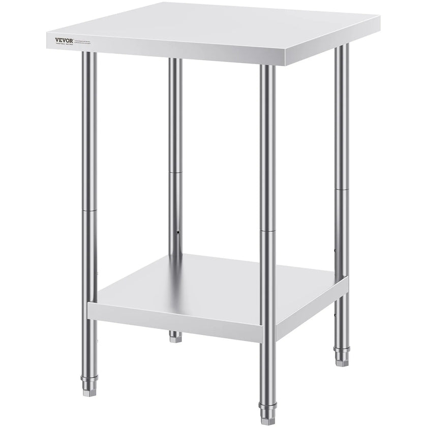 VEVOR Stainless Steel Prep Table, 24 x 24 x 34 Inch, 700 lbs Load Capacity, Heavy Duty Metal Worktable with 3 Adjustable Height Levels, Commercial Workstation for Kitchen Garage Restaurant Backyard