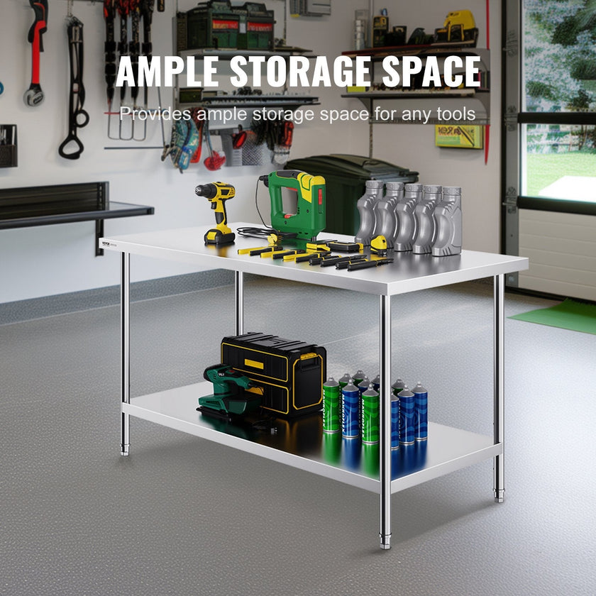 VEVOR Stainless Steel Prep Table, 30 x 60 x 34 Inch, Heavy Duty Metal Worktable with 3 Adjustable Height Levels, Commercial Workstation for Kitchen Garage Restaurant Backyard