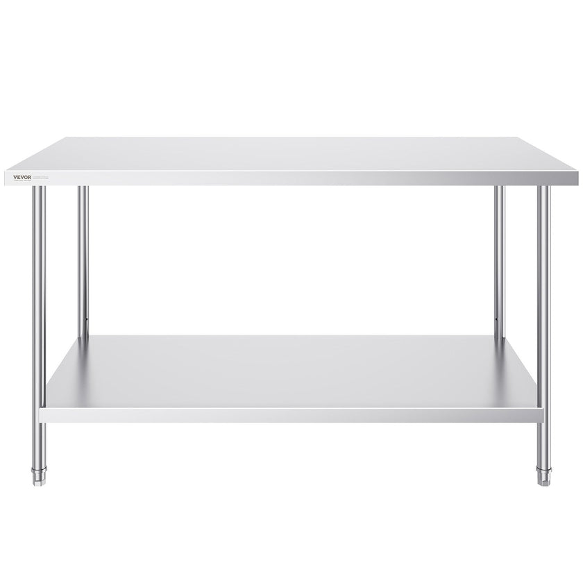 VEVOR Stainless Steel Prep Table, 30 x 60 x 34 Inch, Heavy Duty Metal Worktable with 3 Adjustable Height Levels, Commercial Workstation for Kitchen Garage Restaurant Backyard