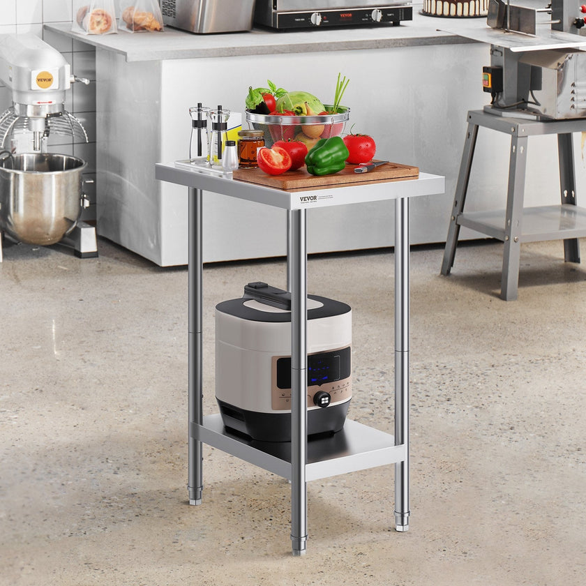 VEVOR Stainless Steel Prep Table, 24 x 18 x 34 Inch, Heavy Duty Metal Worktable with 3 Adjustable Height Levels, Commercial Workstation for Kitchen Garage Restaurant Backyard