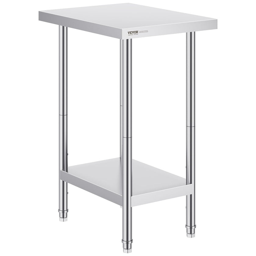 VEVOR Stainless Steel Prep Table, 24 x 18 x 34 Inch, Heavy Duty Metal Worktable with 3 Adjustable Height Levels, Commercial Workstation for Kitchen Garage Restaurant Backyard