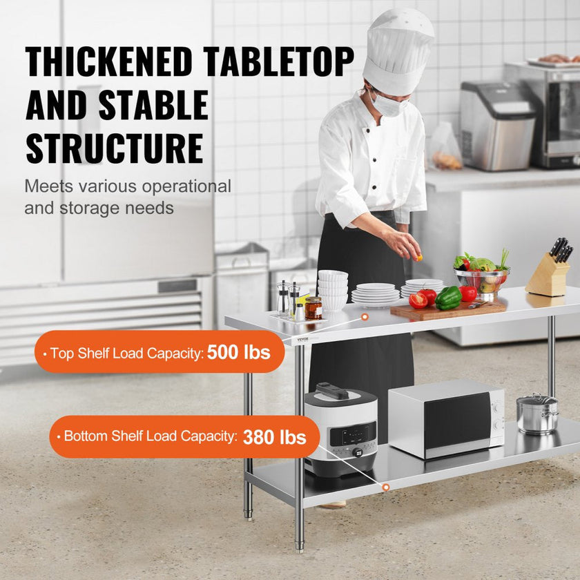 VEVOR Stainless Steel Prep Table, 24 x 72 x 34 Inch, Heavy Duty Metal Worktable with 3 Adjustable Height Levels, Commercial Workstation for Kitchen Garage Restaurant Backyard