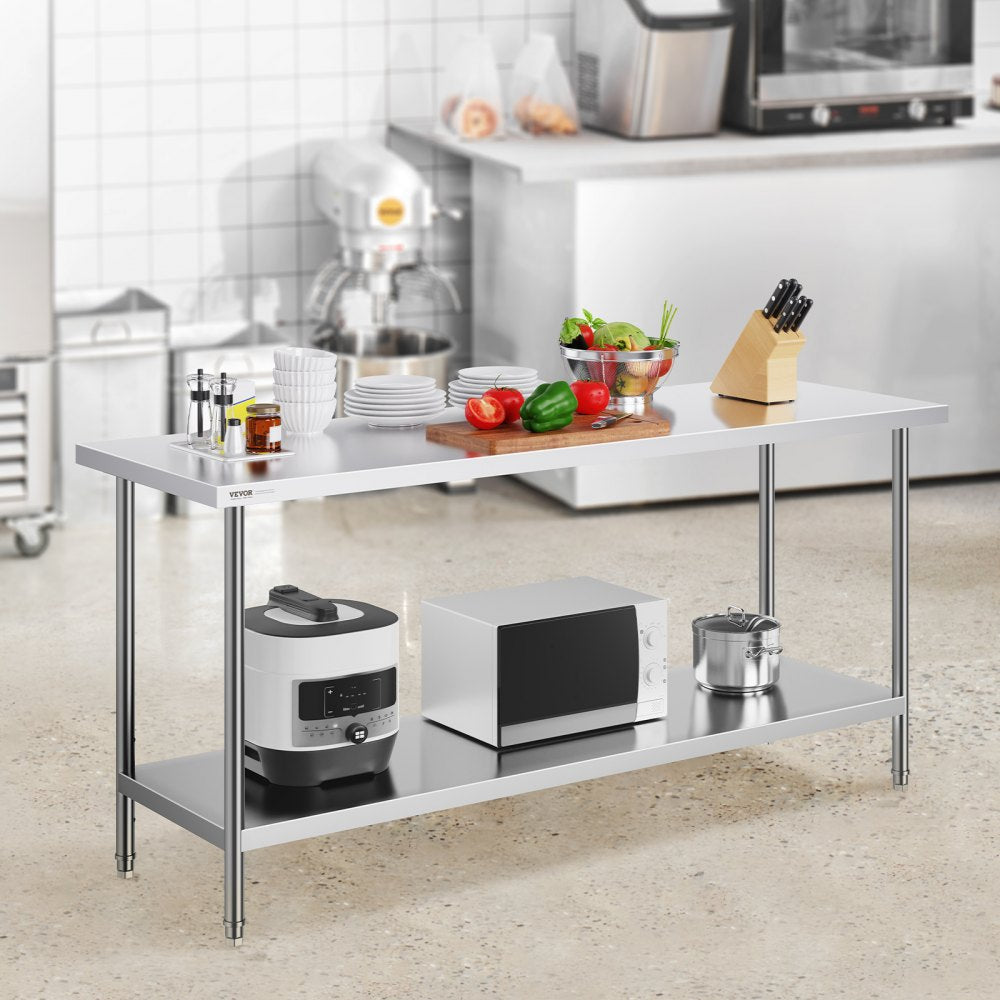 VEVOR Stainless Steel Prep Table, 24 x 72 x 34 Inch, Heavy Duty Metal Worktable with 3 Adjustable Height Levels, Commercial Workstation for Kitchen Garage Restaurant Backyard