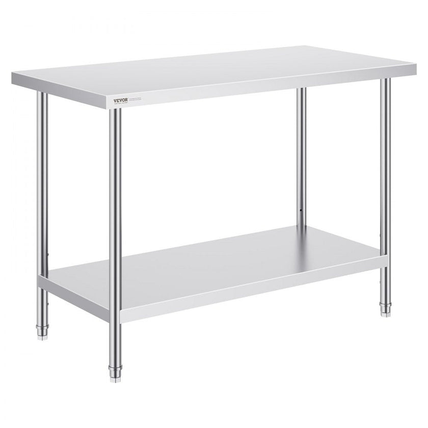 VEVOR Stainless Steel Prep Table, 24 x 48 x 34 Inch, Heavy Duty Metal Worktable with 3 Adjustable Height Levels, Commercial Workstation for Kitchen Garage Restaurant Backyard