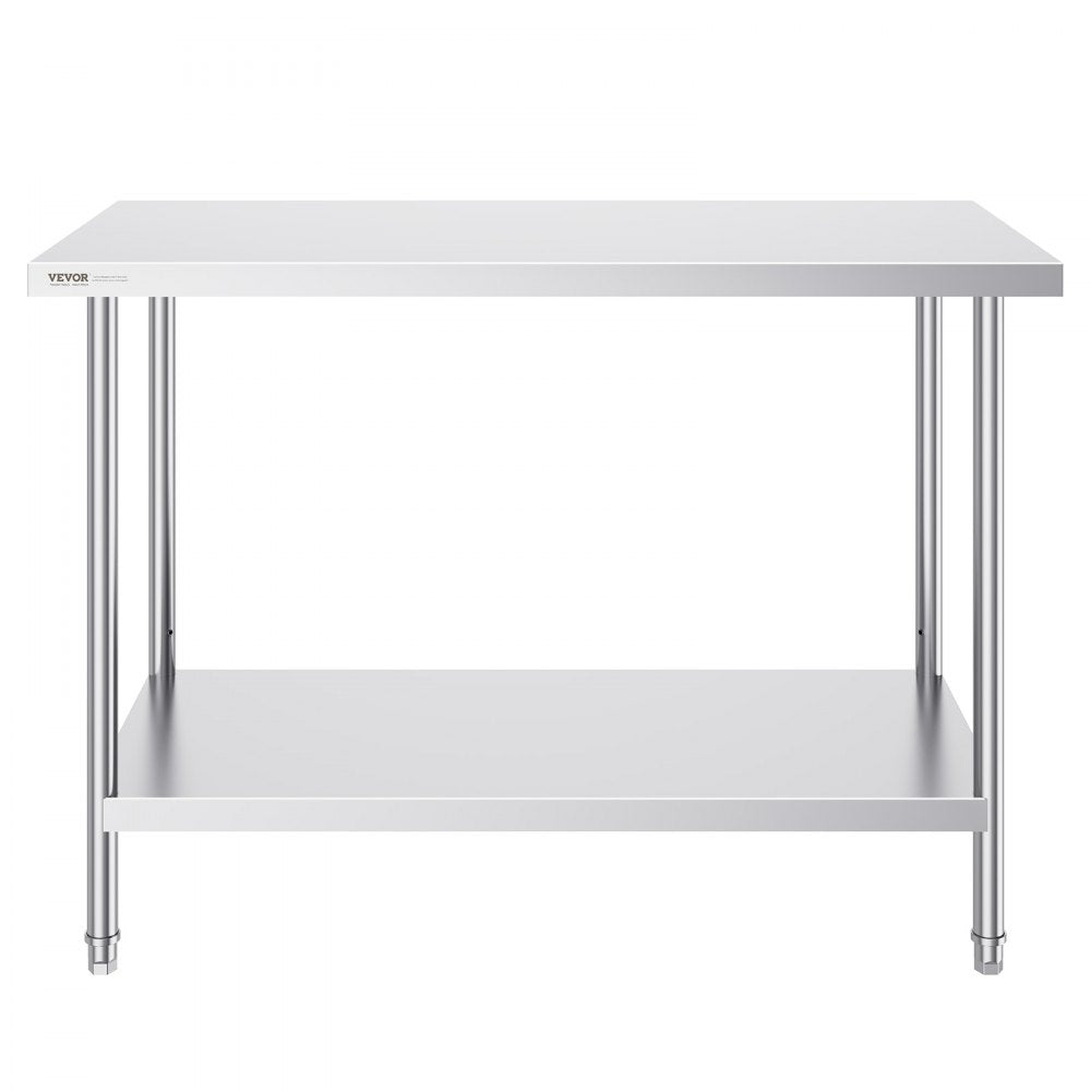 VEVOR Stainless Steel Prep Table, 24 x 48 x 34 Inch, Heavy Duty Metal Worktable with 3 Adjustable Height Levels, Commercial Workstation for Kitchen Garage Restaurant Backyard