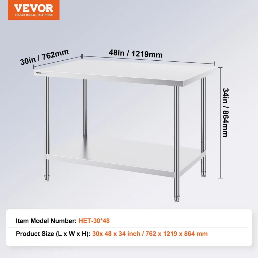 VEVOR Stainless Steel Prep Table, 30 x 48 x 34 Inch, Heavy Duty Metal Worktable with 3 Adjustable Height Levels, Commercial Workstation for Kitchen Garage Restaurant Backyard