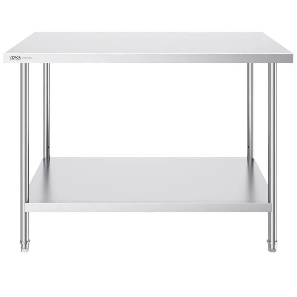 VEVOR Stainless Steel Prep Table, 30 x 48 x 34 Inch, Heavy Duty Metal Worktable with 3 Adjustable Height Levels, Commercial Workstation for Kitchen Garage Restaurant Backyard