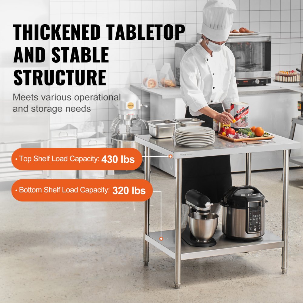 VEVOR Stainless Steel Prep Table, 24 x 36 x 34 Inch, Heavy Duty Metal Worktable with 3 Adjustable Height Levels, Commercial Workstation for Kitchen Garage Restaurant Backyard